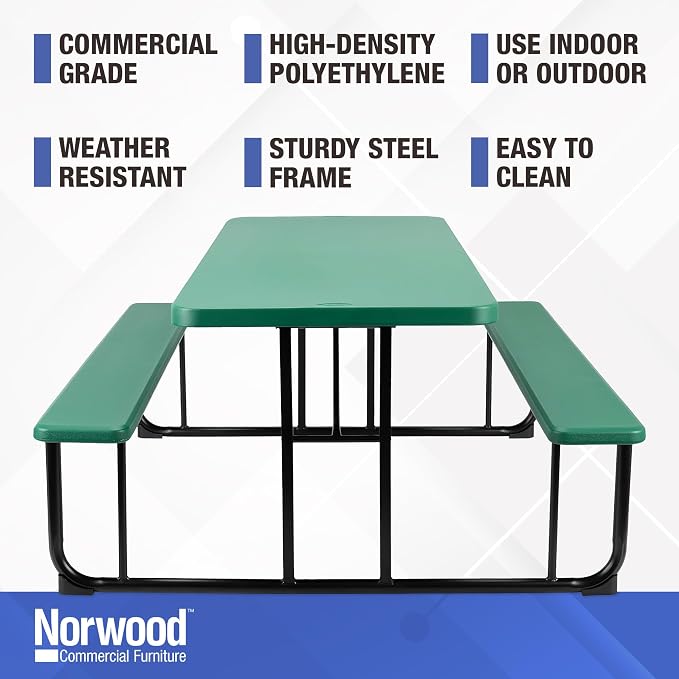 Norwood Commercial Furniture Rectangular Picnic Table with Benches, Blow-Molded Plastic Portable Outdoor Picnic Table, Green