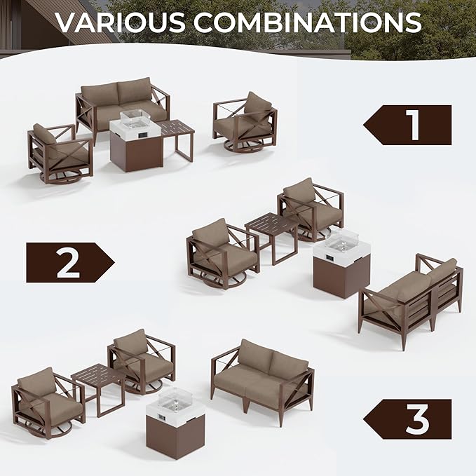 MBY Aluminum Patio Furniture Set, 6-Piece Oversized Outdoor Conversation Set with Fire Pit Table & Coffee Table, All Weather Modern Brown Sofa for Deck, Garden, Poolside