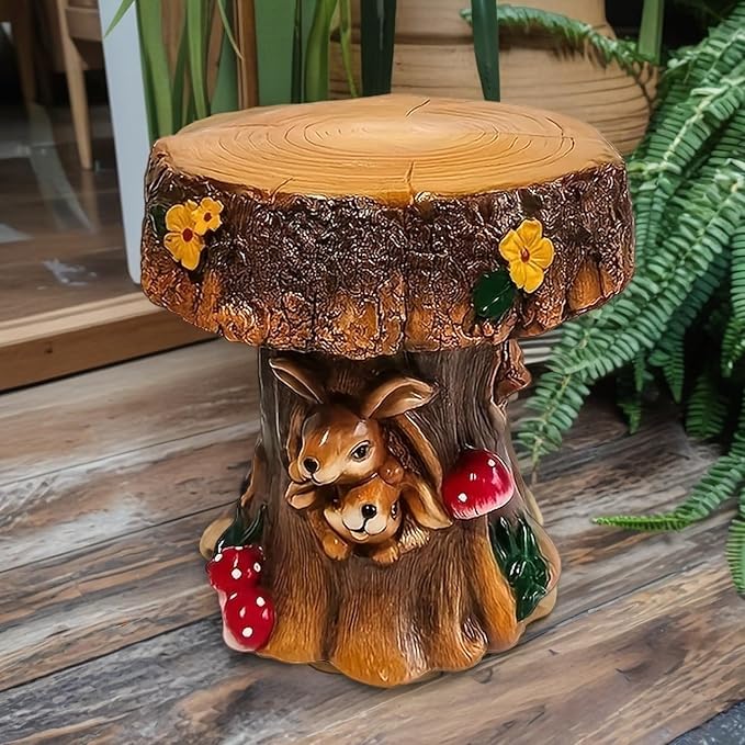 12.6" Resin Squirrel Garden Chair, Indoor & Outdoor Accent Stool, Brown | Round Tree Stump Design w/ Squirrel Details, Weather-Resistant for Patio, Backyard, Terrace & Home Decor