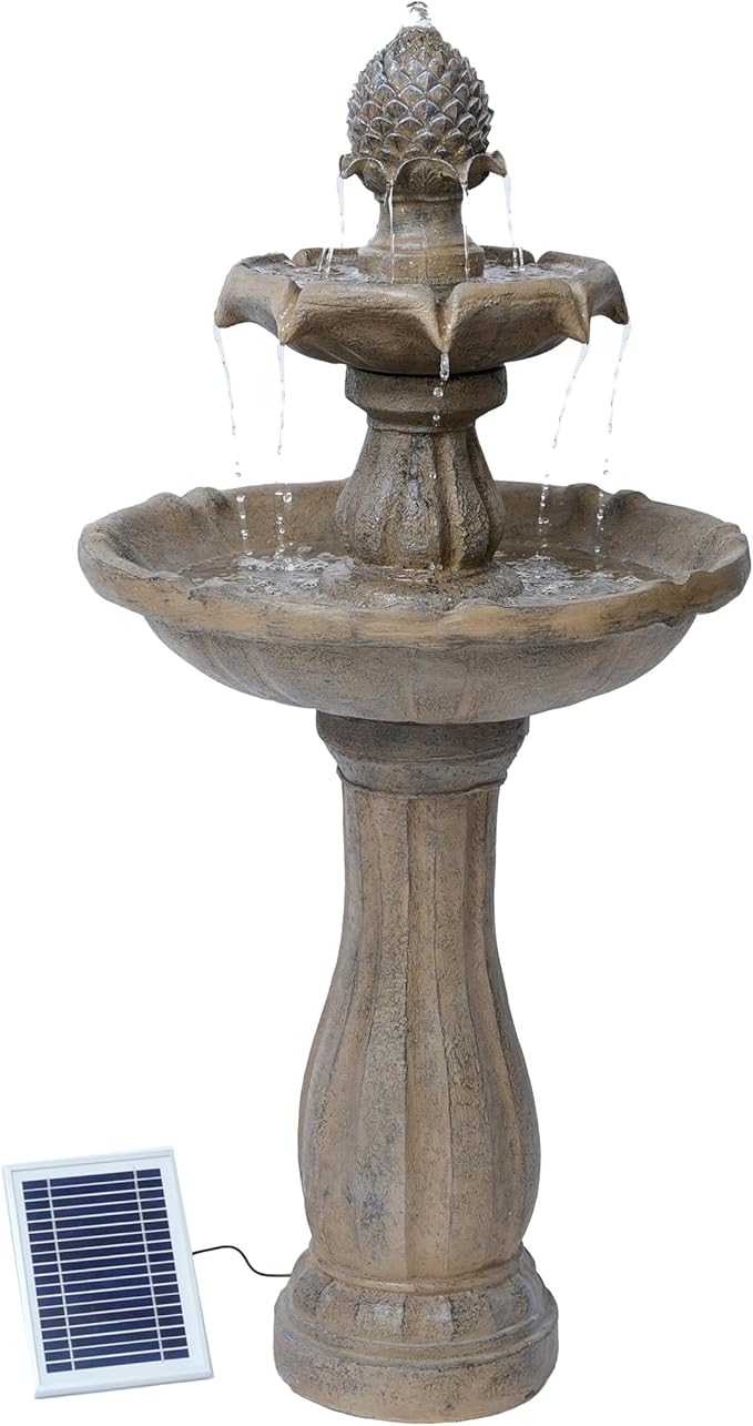 XBrand 44" Solar Powered 2-Tier Outdoor Water Fountain, Fiberglass Resin Garden Bird Bath Fountain with Auto Shut-Off Pump