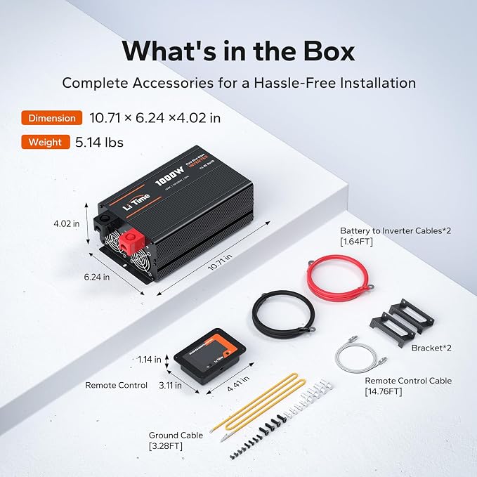 LiTime 1000W Pure Sine Wave Inverter 12V DC to 120V AC Converter for Home, RV, Truck, Camping, Built-in 2 AC Outlets, Off-Grid Solar Power Inverter with LCD Display Showing Real-time Status