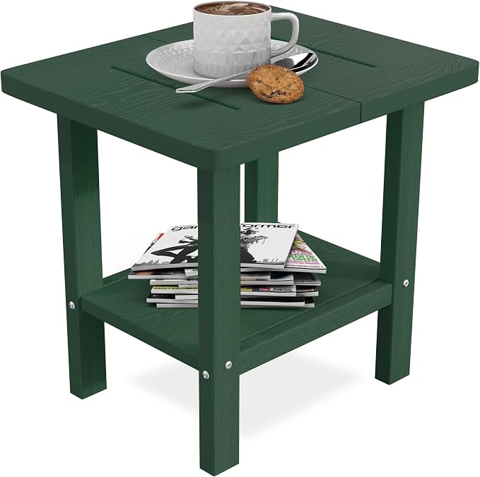 PLUUV Outdoor Side Table, 2-Tier Storage Patio Side Table, All Weather HDPE Adirondack End Table Outdoor for Patio, Garden, Balcony & Living Room, Dark Green