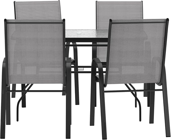 Merrick Lane Bardwell 5 Piece Outdoor Dining Table Set for 4 with Glass-Top Patio Table and 4 Stack Chairs with Flex Comfort Material in Gray