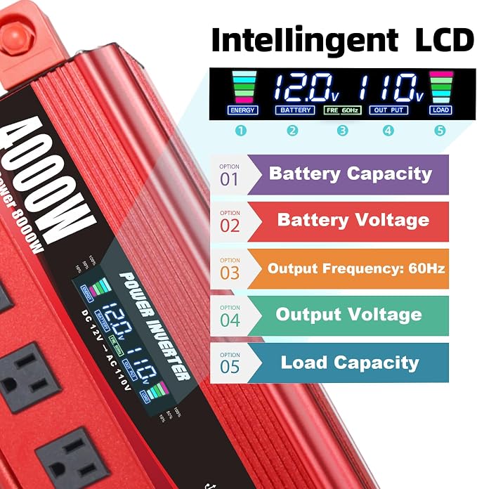 Cantonape 4000W Power Inverter 12V to 110V/120V DC to AC with LCD Display, Remote Controller 5 x AC Outlets and 4 x 3.1A USB Car Adapter for Car Truck Boat RV Solar System