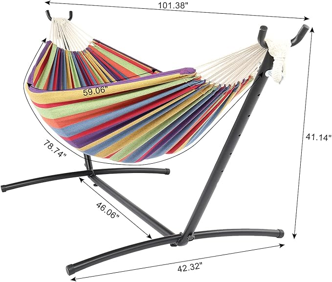 Cotton Hammock with Space Saving Steel Stand,9ft Black Steel Pipe Hammock Frame with 200 * 150cm Polyester Cotton Hammock Iron Hammock Set (Color Stripe)