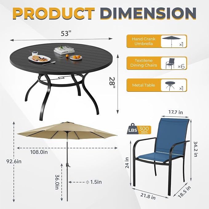7-Piece Patio Dining Set with Umbrella,6 Person Outdoor Table and Chairs Set, 6 Metal Dining Chairs and Round Outdoor Table with 1.57" Umbrella Hole,Blue