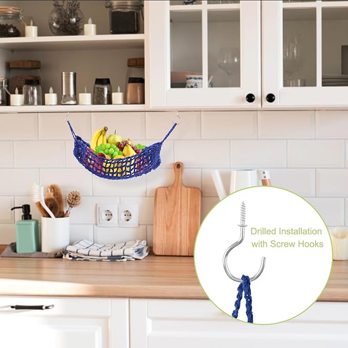 Macrame Fruit Hammock 1 Pack Cotton Fruit Holder Net Under Cabinet Veggie Storage Space Saving Kitchen Decor with Hooks (Sapphire Blue)