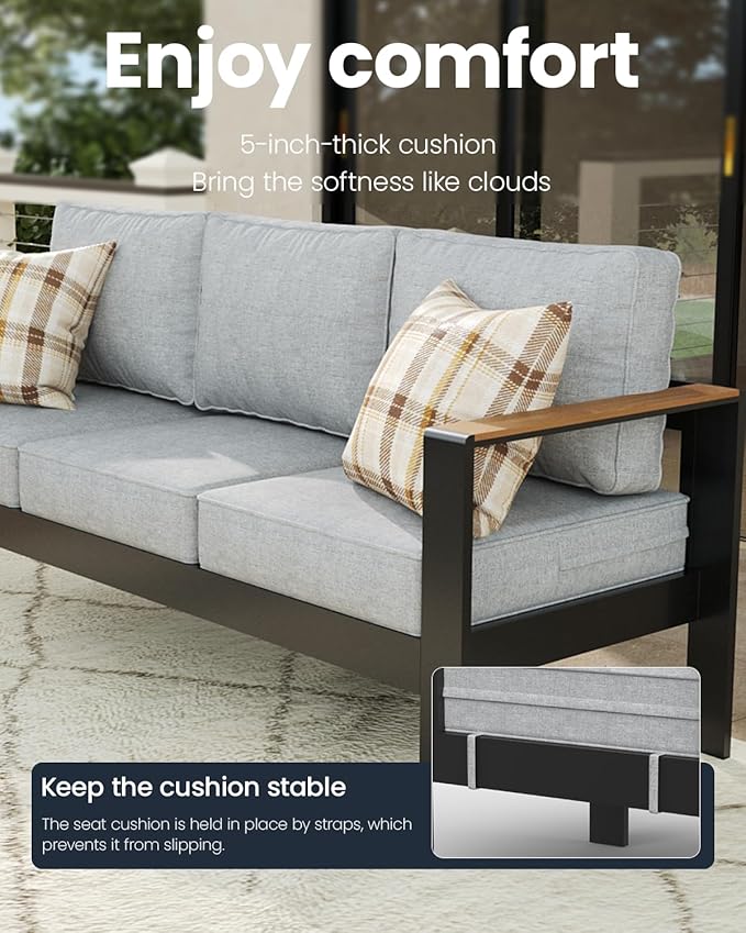 7 Pieces Aluminum Outdoor Patio Furniture Set with Fire Pit Table, Outside Metal Patio Conversation Sets with Deep Seating and Thick Cushions