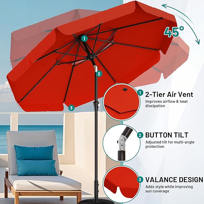AreShark 9ft 2-Tier Patio Umbrella with Valance - Outdoor Umbrella Waterproof UV Protection, Market Table Umbrella w/Push Button Tilt&Crank for Pool, Porch, Garden(Orange)