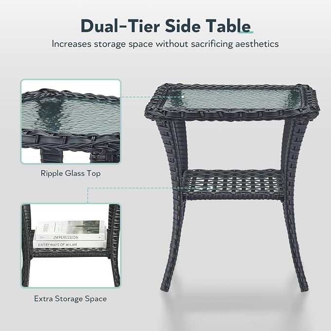 Outdoor Swivel Glider Rocker Chairs - 3 Piece Patio Furniture Set, Patio Bistro Sets with Tempered Glass Side Table, for Balcony, Porch - Black Wicker Beige Cushion