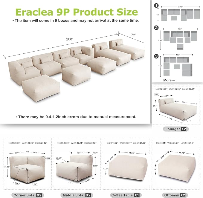Dineli ANNYH Patio Modern Outdoor Furniture Sectional Conversation Set - Combines 2Lounger 2Middle 2Corner 3Ottoman Exp Foam Filled Chairs.A Unique Modular Contemporary Sofa (Light Beige)
