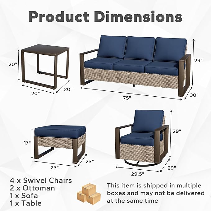 Outdoor Patio Swivel Rocker Chairs, 8 Pieces Wicker Furniture Set, 4 Swivel Rocking Chairs, 1 Sofa, 2 Ottoman and 1 Table, Wide Armrest, Thick Cushions and Deep Seating for Garden, Backyard, Porch