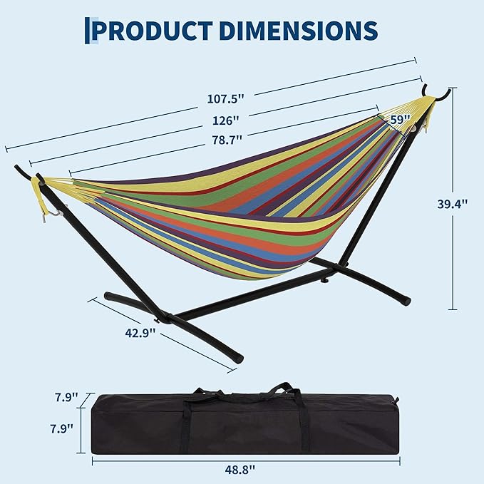 Double Hammocks with Stand for Outside, Portable Space Saving Heavy-Duty Steel Stand for Indoor Outdoor Patio with Carrying Bag, 450 lbs Capacity (Rainbow Stripes)