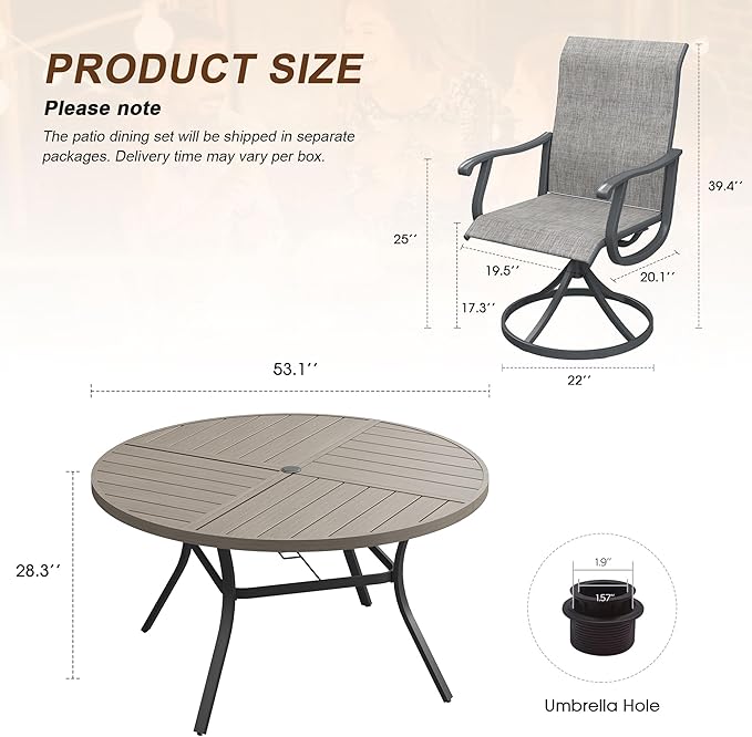 VICLLAX Patio 7 Pieces Outdoor Dining Set, 53" Round Metal Table with Umbrella Hole and 6 Swivel Textilene Chairs for Lawn, Garden, Porch, Grey