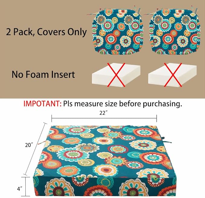 Magpie Fabrics Indoor Outdoor Cushion Cover Replacement 2 Pack, NO Insert! Water Repellent Slipcover with Ties Decor for Patio Garden Chair Sofa Bench Wicker(Floral Green, 22x20x4 Inch)