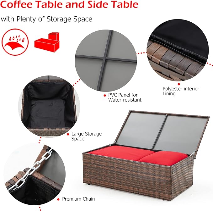 AECOJOY 7 Pieces Patio Furniture Set with Two Storage Boxes, Outdoor Wicker Sectional Sofa, All-Weather Rattan Conversation Set for Garden, Backyard, Red Cushion&Brown Rattan