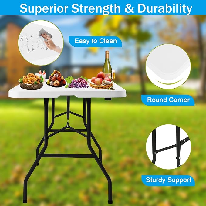 Portable Folding Table 6ft Heavy Duty Plastic Foldable Table with Carrying Handle Outdoor Indoor Plastic Dining Table for Camping and Party Picnic, White