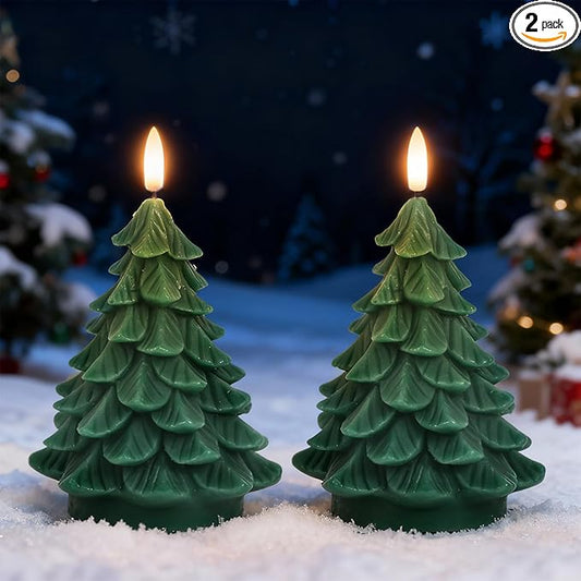 Christmas Tree Shaped LED Candles with 6H Timer, 2 Pcs Flameless Pillar Candles Flickering, Battery Operated LED Candle with 3D Flame Wick, Green Candles for Home Décor Christmas Gifts