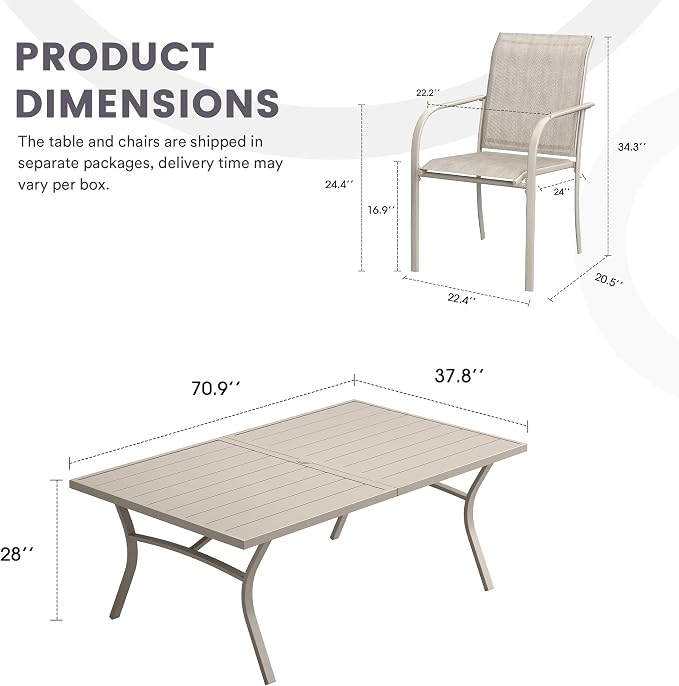 9 Pieces Patio Dining Set, 71" Rectangular Dining Table with Umbrella Hole, 8 Stackable Textilene Fabric Chairs, Metal Structure for Patio, Porch, Garden(Sand Table, Sand Chair)