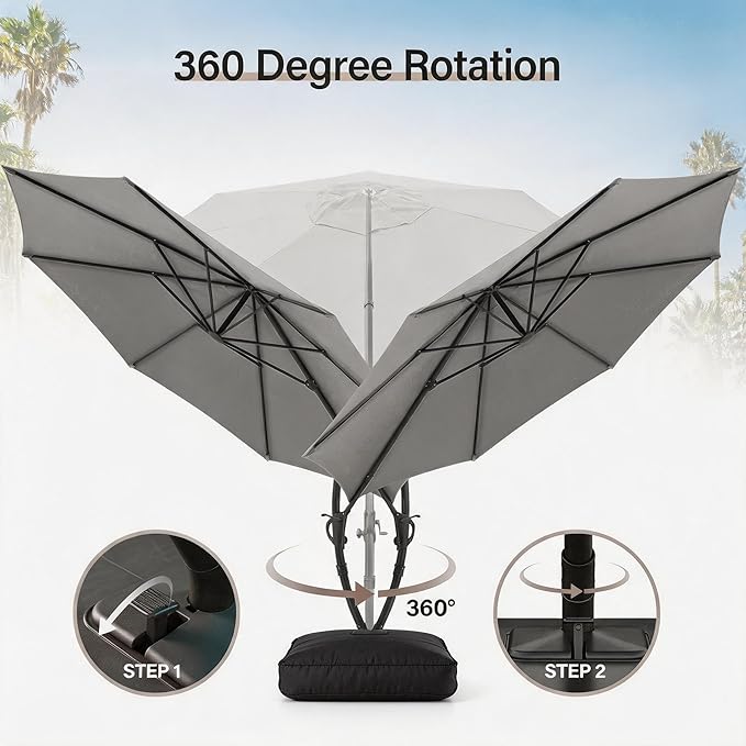 LAUSAINT HOME 12ft Patio Cantilever Umbrella with Base Included, Outdoor Curvy Round Offset Umbrella, Heavy Duty Aluminum, 360° Rotation for Pool, Deck, Lawn, Backyard (Grey)