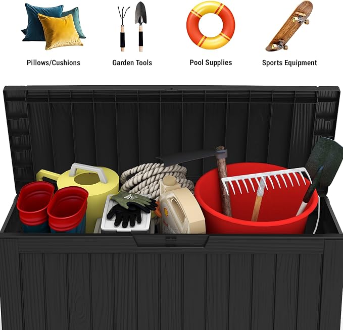 Mars Villa 72 Gallon Deck Box, Outdoor Storage Box Waterproof, Outside Resin Storage Bin for Patio Furniture Cushion, Pool Supply, Garden Tool, UV-Resistant and Weatherproof, with 4 Wheels, Black