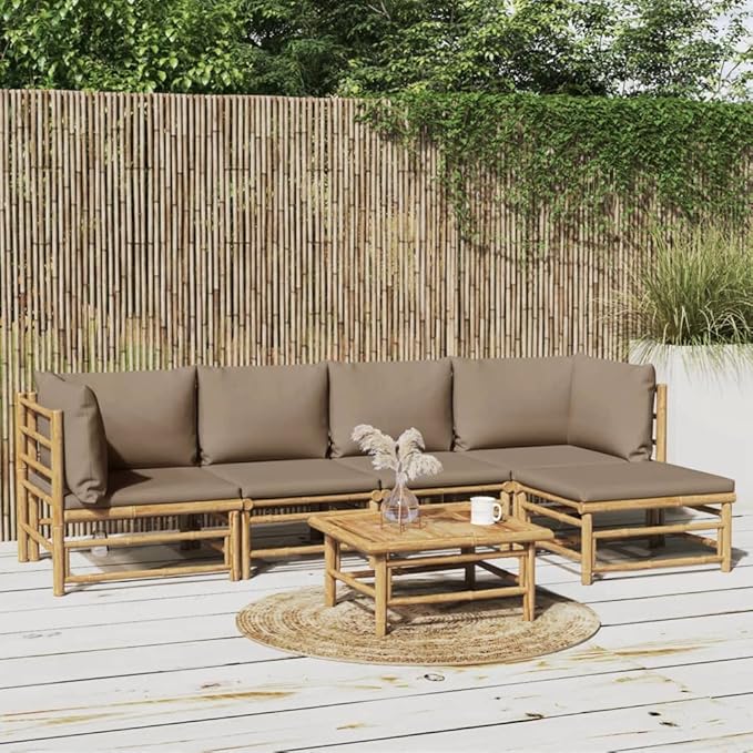 6 Piece Patio Lounge Set with Taupe Cushions, Patio Conversation Set Front Porch Furniture Porch Furniture Set Sectional Sofa for Negotiation Area Garden Poolside Exhibition Bamboo