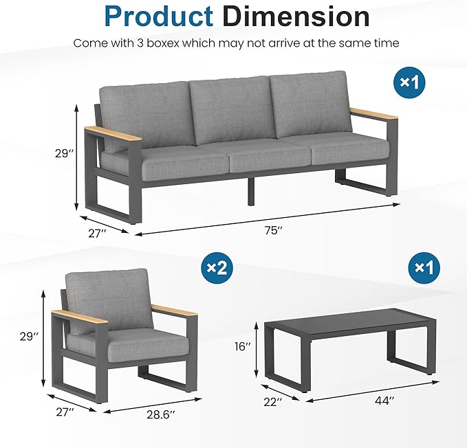 Aluminum Outdoor Patio Furniture Set with Height-adjustable Footrest for Lawn Porches Patio, 5-Seats All-weather Patio Sofa Sets with Coffee Table, Modern Outdoor Patio Conversation set, Grey