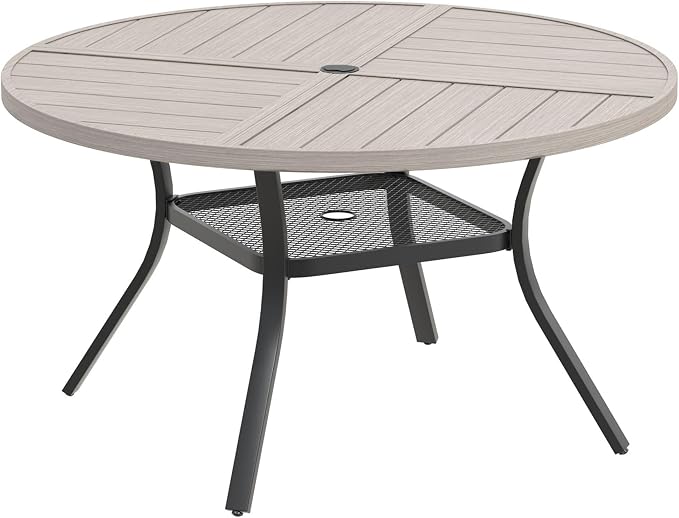 DIFY 40.6" Round Outdoor Patio Dining Table for 4, All-Weather Metal Steel Slatted Patio Table with 1.57" Adjustable Umbrella Hole, for Lawn Garden Porch Backyard, Grey Wood-Like