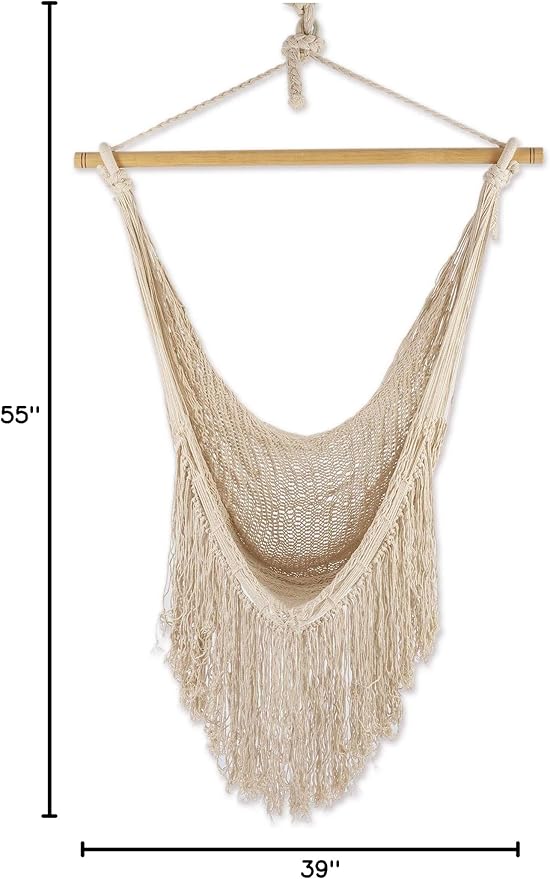 NOVICA Handmade Cotton Hammock Swing Ivory Fringed Rope Mayan from Mexico Solid Tropical Decor 'Sea Breezes in Ivory'