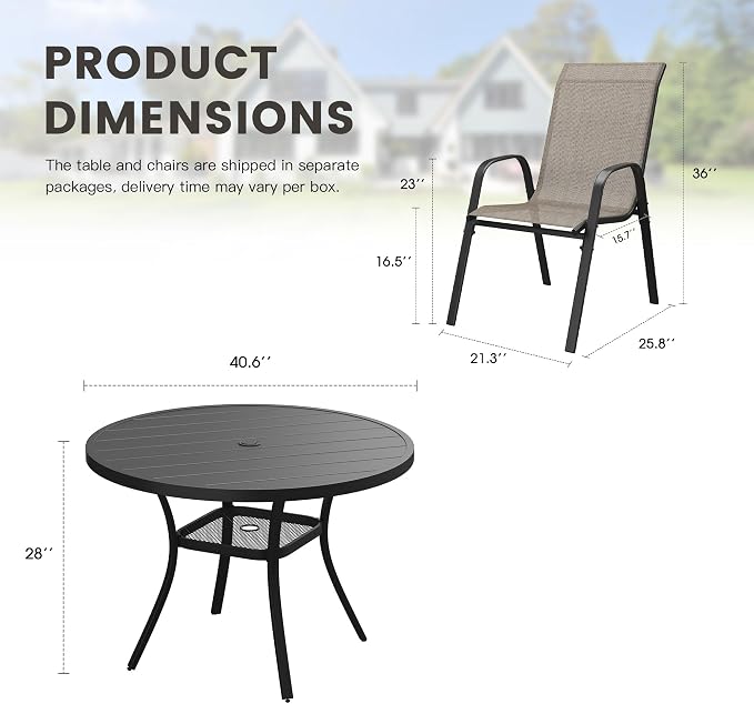5 Pieces Outdoor Dining Set, 40.6" Round Table with Umbrella Hole & Stackable Patio Dining Chairs, Patio Table and Chairs Set for Deck Garden Porch, Brown Chairs & Black Table