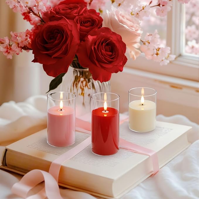 Tuanse 3 Pcs Battery Powered Valentine Flameless Candles (Pink, Red, White) with Mixed Size Xmas Color Flickering LED Lights Pillars for Valentine Winter Home Party Decoration