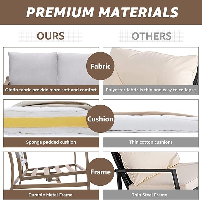 NATURAL EXPRESSIONS 4 Pieces Patio Furniture Sets,Modern Metal Outdoor Conversation Sets with All Weather Hand-Woven Rope Chairs,High Back Frame,Metal Table, 6" Thick Olefin Cushions for Yard,Garden