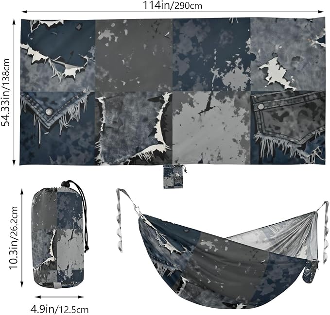 Distressed Denim Patchwork Hammocks with Tree Straps Swing Hammock for Indoor Outdoor Patio