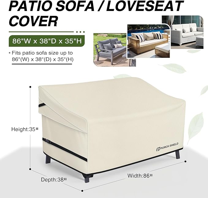 Porch Shield Patio 3-Seater Sofa Cover - Waterproof Outdoor Couch Deep Seat Sofa Cover 86W x 38D x 35H inch, Beige