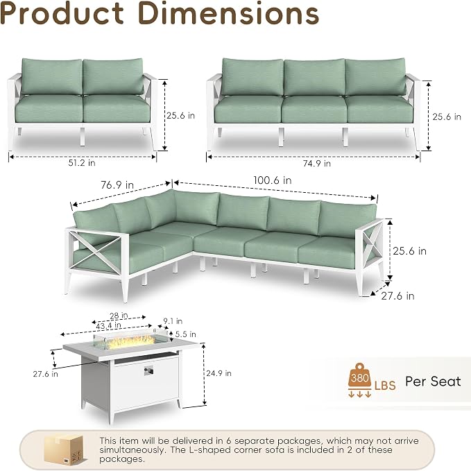 Large Patio Conversation Set with Fire Pit Table Outdoor Sectional Sofa Set for Backyard Deck Garden Seating