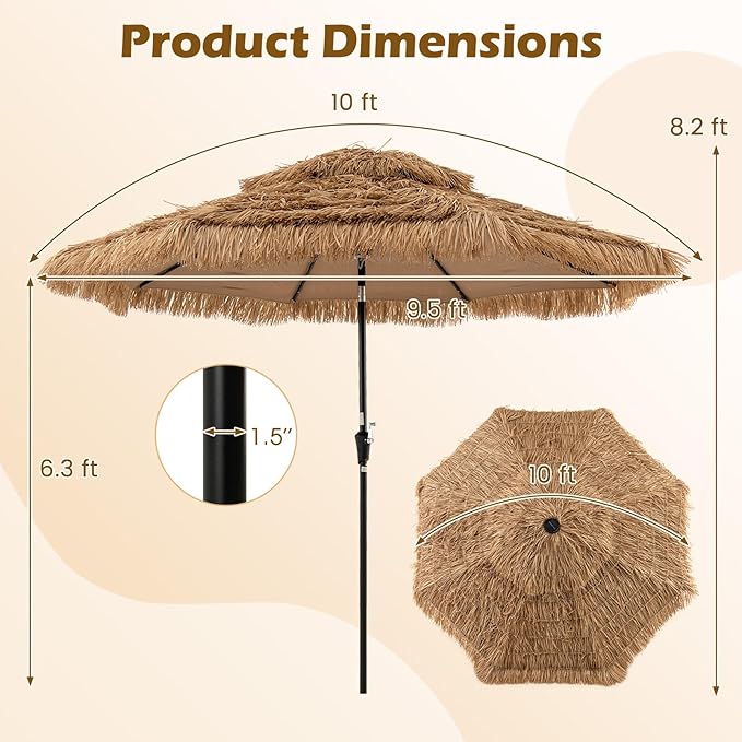 Tangkula 10 ft Thatched Patio Umbrella, 2 Tier Hawaiian Style Grass Beach Umbrella with 32 Led Lights, Center Light, Solar Tiki Umbrella with 8 Ribs, Tilt Adjustment, Manual Crank for Backyard, Poolside, Deck