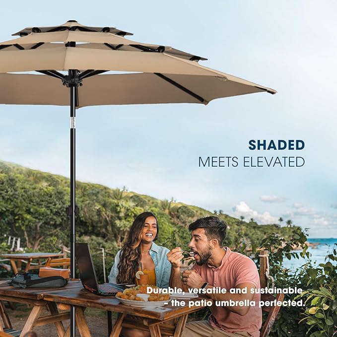 wikiwiki 9ft 3-Tier Patio Umbrella Outdoor Table Market Umbrella for Patio with Push Button Tilt/Crank, Fade Resistant Waterproof POLYESTER Canopy for Garden, Lawn, Deck, Backyard & Pool, Tan