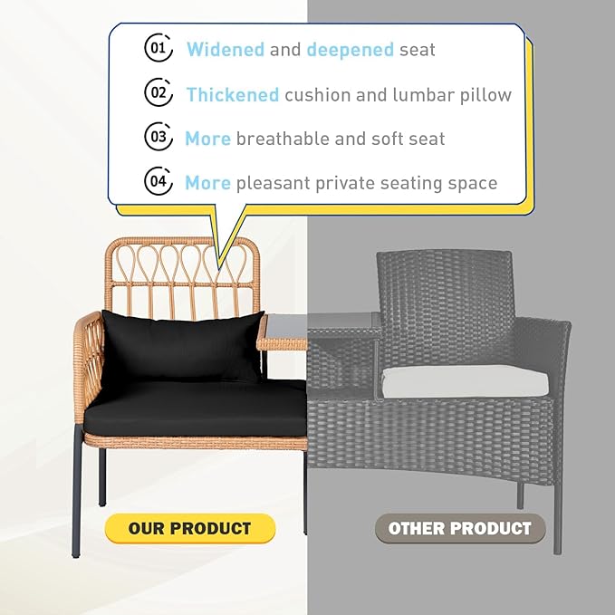 Outdoor Loveseat 2 Pieces Patio Furniture Set, Porch Furniture Wicker Large Loveseats, Patio Conversation Sets with Cushions & Lumbar Pillows and Built-in Table, Black