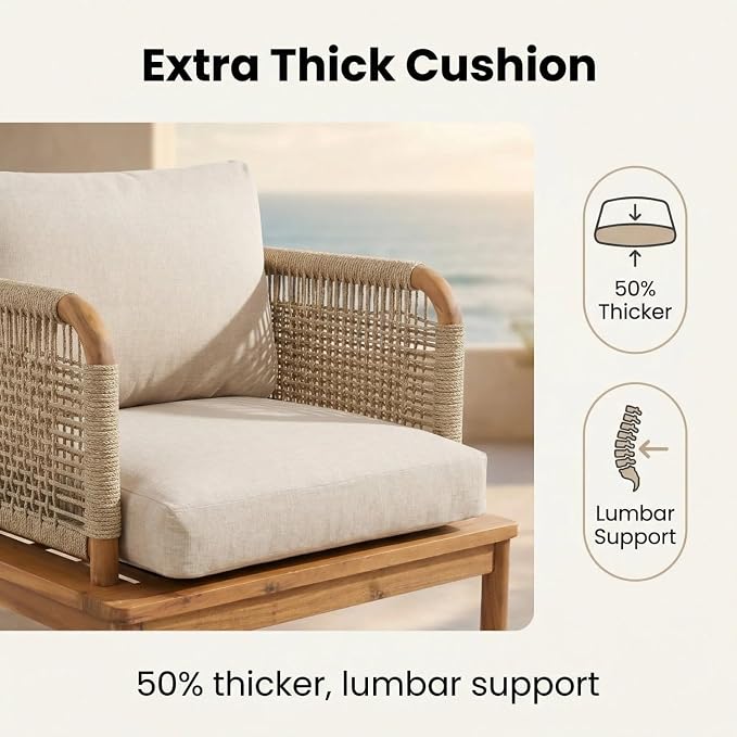5-Piece Patio Furniture Set, Outdoor Conversation Set with Acacia Wood, Coffee Table and Ottoman, All-Weather Cushions for Backyard, Garden and Poolside(C-Beige)