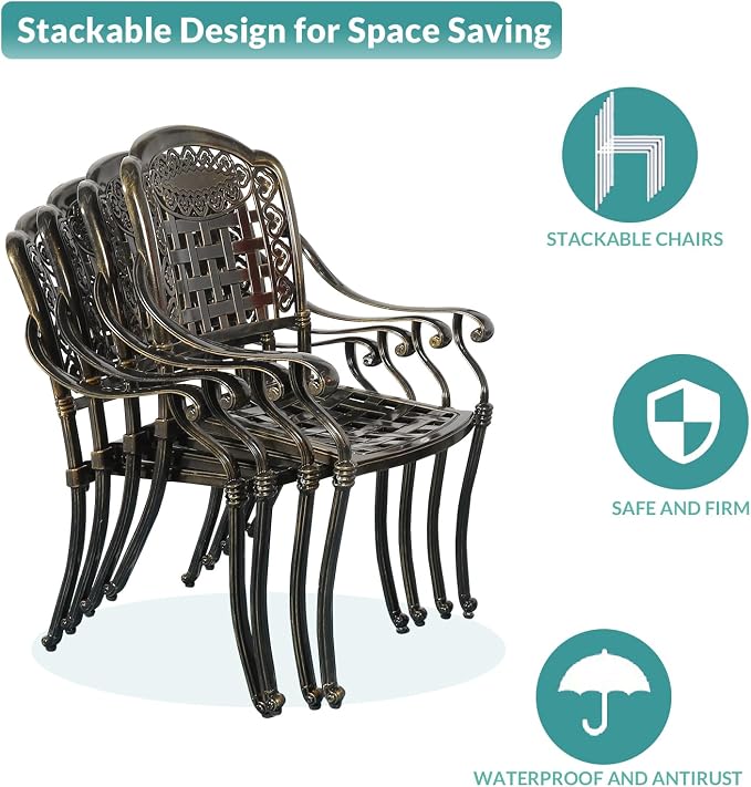 MEETWARM 9-Piece Outdoor Furniture Dining Set, All Weather Cast Aluminum Patio Garden Set with 1 Oval Table, 8 Chairs, 8 Cushions, 2" Umbrella Hole, Dark Bronze, Chili Red