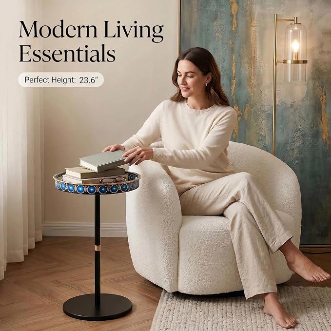 Gesodant Boho Single Leg Round Side Table with Tray Top, Pedestal Drink Table for Small Spaces, Aesthetic Accent Nightstand for Living Room, Bedroom, Corners, and Office (Peacock)