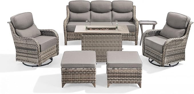 Luxury Patio Furniture Set with 6-inch Thick Cushion, Outdoor Furniture with Fire Pit Table, Swivel Chairs, Sofa, Side Table, Ottomans, 7pcs Wicker Conversation Set Grey Wicker | Grey Cushions