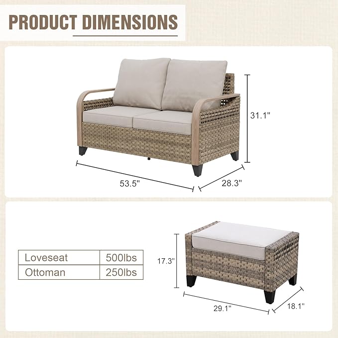 Modern Wicker Patio Furniture Set, Rattan Outdoor Conversation Set with Comfortable Cushions, 2 Seat Loveseat and 2 Ottomans, 3 Pieces, Brown/Gray