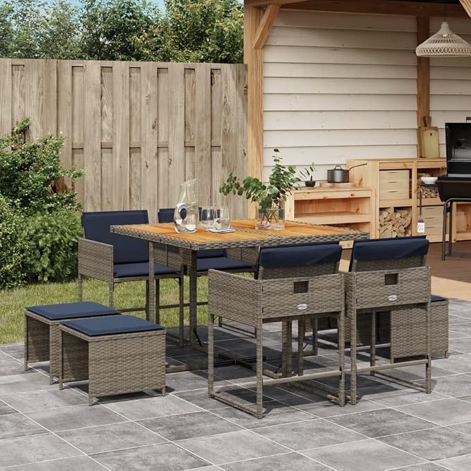 9 Piece Garden Dining Set with Cushions Grey Poly Rattan Outdoor Patio Furniture Table and Foldable Chairs with Navy Blue Seat Cushions and Stools for Backyard Deck Lawn Relaxation