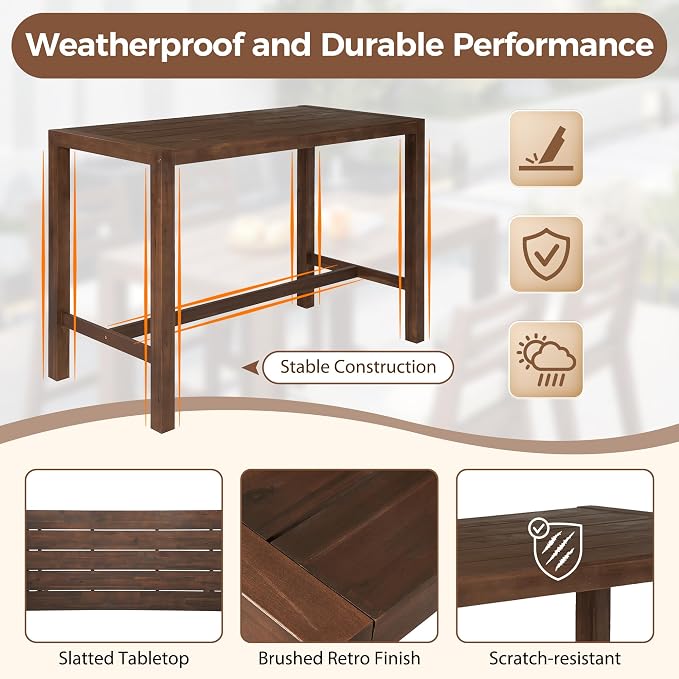 VilroCaz 5-Piece Outdoor Patio Counter Height Dining Set, Acacia Wood Bar Table and Ergonomic Chairs with Removable Cushion, All-Weather Bistro Set Conversation Set with Slatted Tabletop (Mocha-2.10)