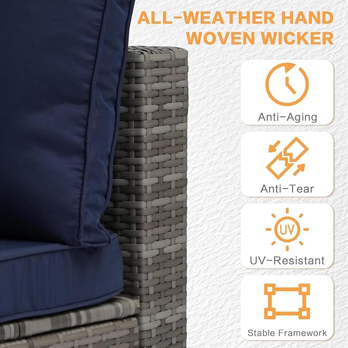 MOCHITO 5 Pcs Outdoor Patio Furniture Sets Grey Rattan Blue Cushions | All-Weather Sectional Sofa, with Glass Table, PE Rattan Wicker Patio Furniture , Washable Cushions, for Balcony Porch Garden
