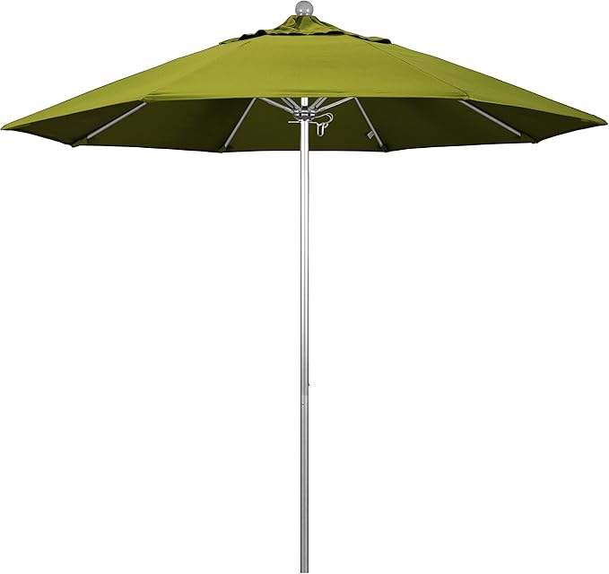 California Umbrella 9' Round Aluminum/Fiberglass Umbrella, Push Open, Silver Pole, Olefin Kiwi Fabric