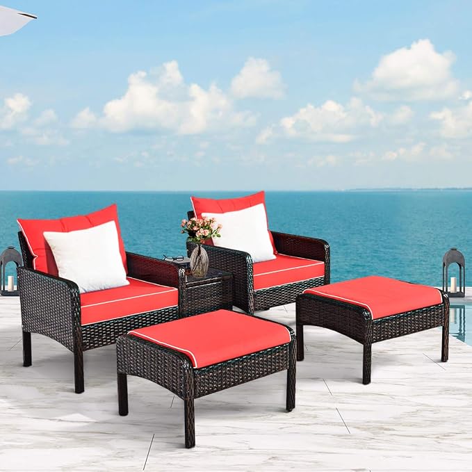 COSTWAY 5 PCS Patio Rattan Furniture Set, Outdoor Cushioned Sofa with Ottomans and Coffee Table, Wicker Conversation Set for Backyard Porch Lawn Poolsid, Red
