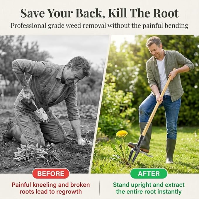 Stand Up Weeder Tool with Long Handle – Heavy Duty Manual Weed Puller – Root Remover Tool with 4-Claw Steel Head – Ergonomic Garden Weeding Tool for Lawn & Yard – No-Bend Dandelion Puller & Extractor