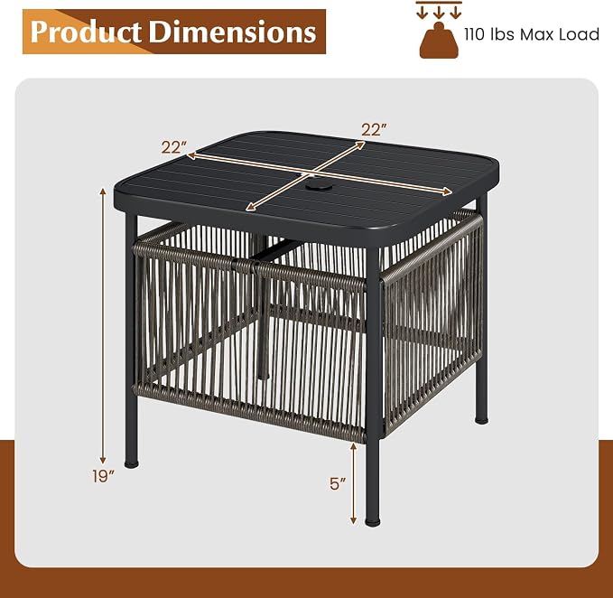 HAPPYGRILL Outdoor Side Table with Umbrella Hole 1.57”, Square Rattan Wicker Coffee Bistro End Table Umbrella Stand, for Backyard Poolside Garden (2)